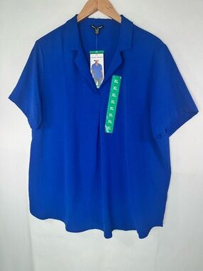 Hilary Radley Royal Blue V-Neck Blouse Short Sleeve Pleated Textured Office XL